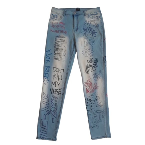 Blue Topic Womens Girls Teen Denim Graphic Stretch Blue Jeans Size 15/16 - Picture 1 of 6